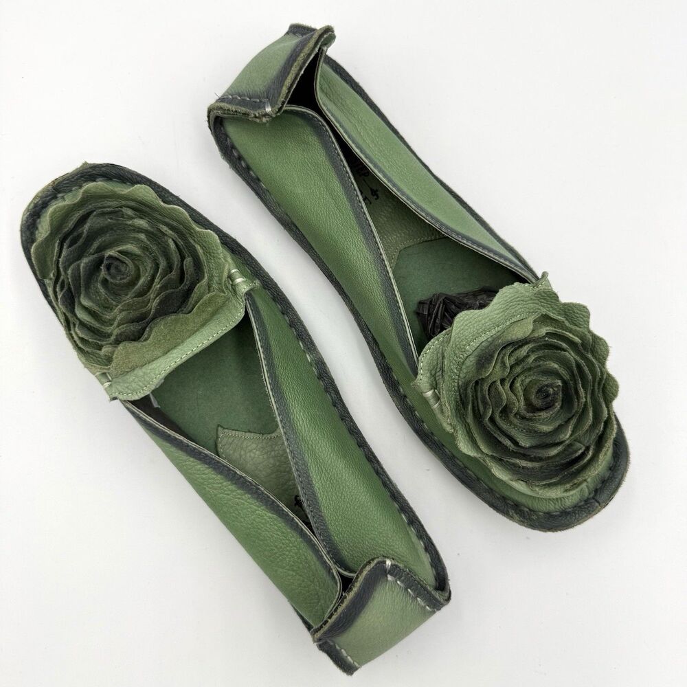 L’Artiste Spring Step Dezi Green Leather Rose Flower Flats Women EU 40 US 9